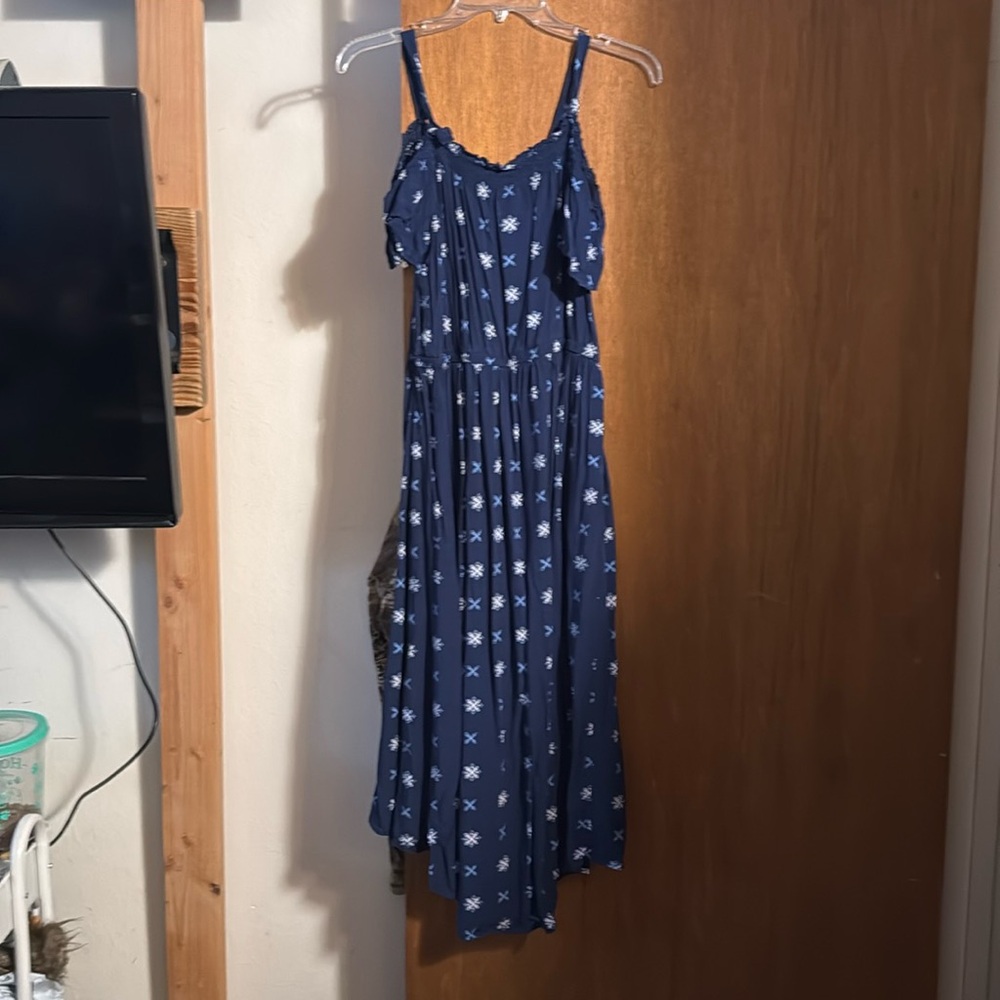 Blue Long dress with off shoulder sleeves